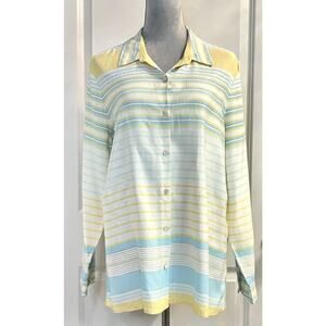 J. Jill 100% Silk Top Blouse Shirt Striped Button Up Blue Yellow Long Sleeve L